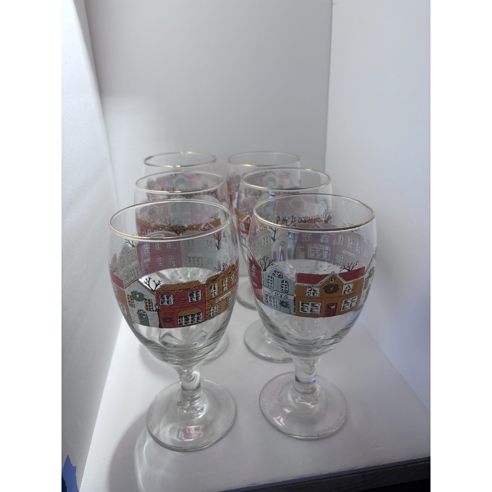 Set Of 6 Vintage Libby Winter Christmas Village Street Scene Wine Water Goblets